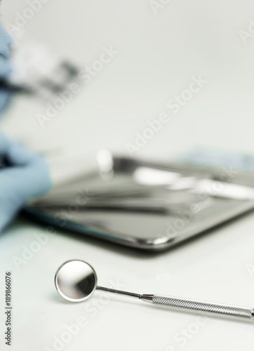 Selective focus Set of dental tools for teech care .