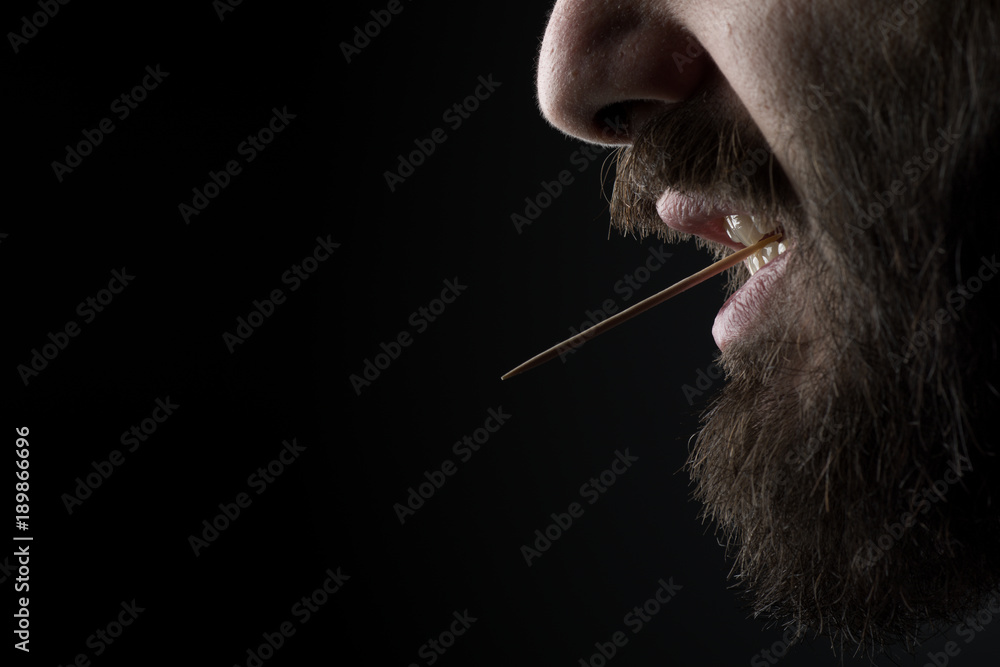 Naklejka premium Close Up of a Bearded Man with a Wood Toothpick in His Mouth on Black Background
