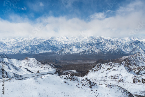 Snow mountain in winter season of khardungla pass, the highest motorable road of the world in India, Leh