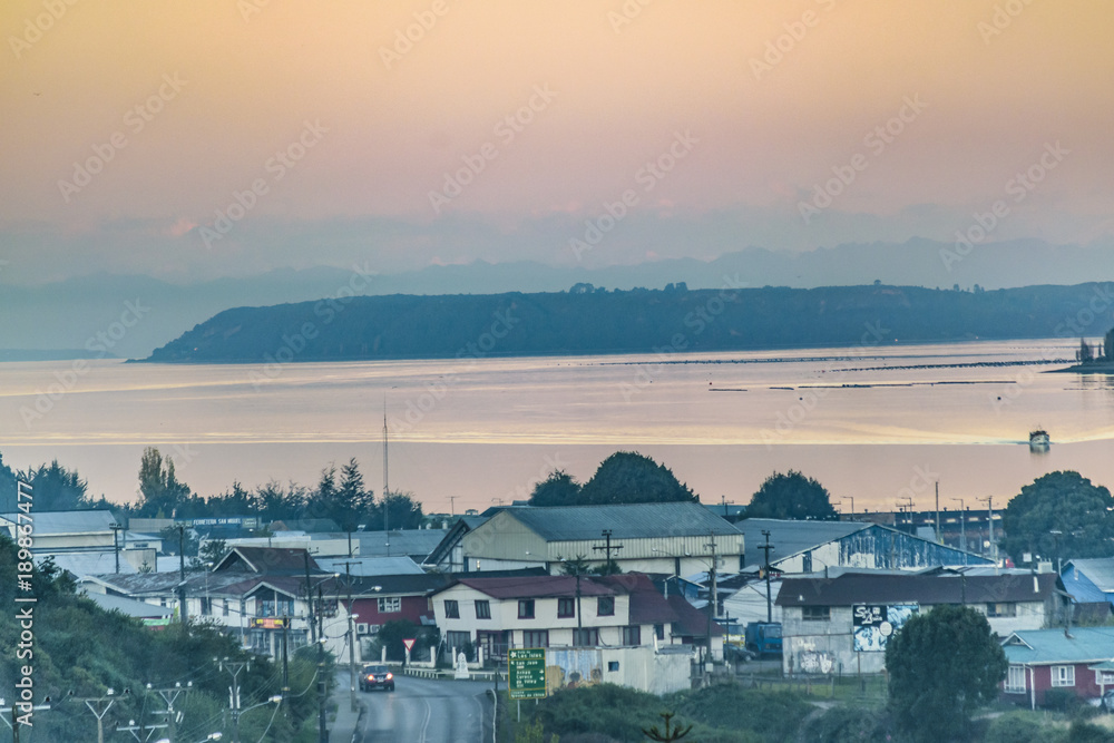 Lake and Mountain Landscape, Chiloe Island, Chile