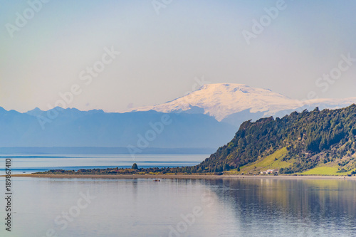 Lake and Mountain Landscape, Chiloe Island, Chile photo