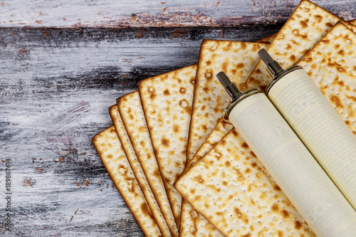 Fotografie Pesah celebration and Torah scroll during jewish Passover holiday