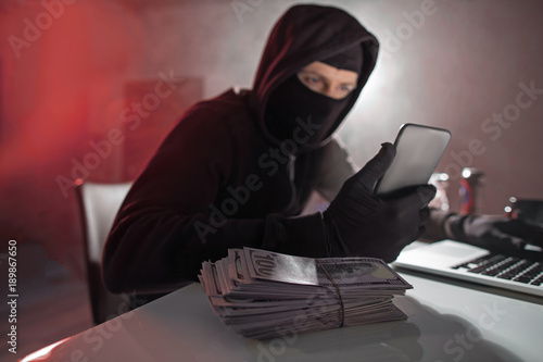 Portrait of calm hacker looking at mobile while situating at desk in apartment. Cash situating on it. Steal concept