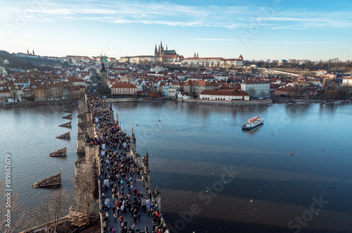 Panoramic view of Prague old town, castle, Charles Bridge over river Vltava, Czech Republic