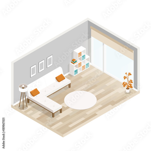 Room isometric design with sofa,coffee table,lamp,bookcase.City hotel flat illustration.Isometric living room with furniture.Isometric luxury interior for lounge with wood floor,big window,sofa, lamp