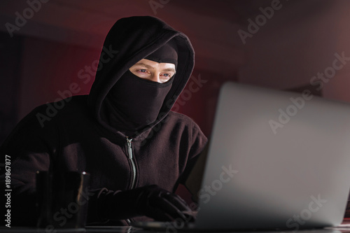 Portrait of calm computer burglar stealing information from laptop while locating at desk in room. Fraud concept