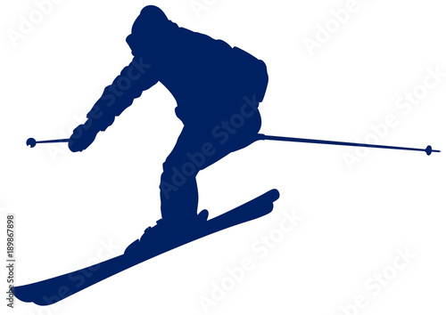 Blue silhouette of a skier descending the mountain slope