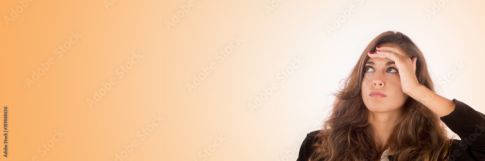 Pensive and worried business woman. Copy space photo, wide vertical size. Pensive and worried business woman. Copy space photo, wide vertical size.