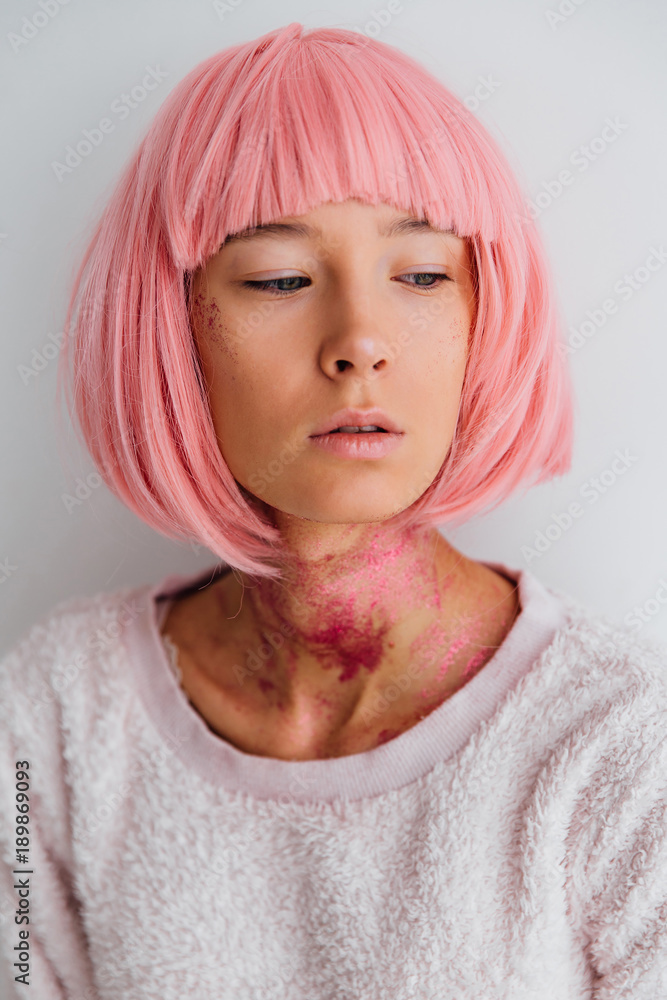 Close-up portrait of beautiful model with pink hair Close-up portrait of beautiful model with pink hair
