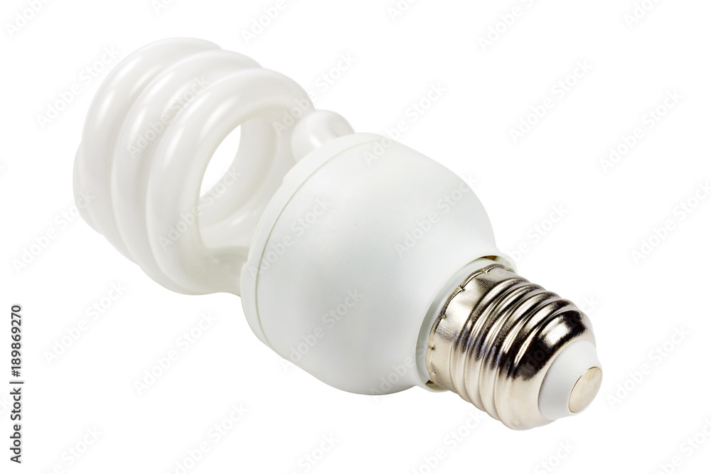 Energy saving lamp isolated on white background. View from the plinth side Energy saving lamp isolated on white background. View from the plinth side