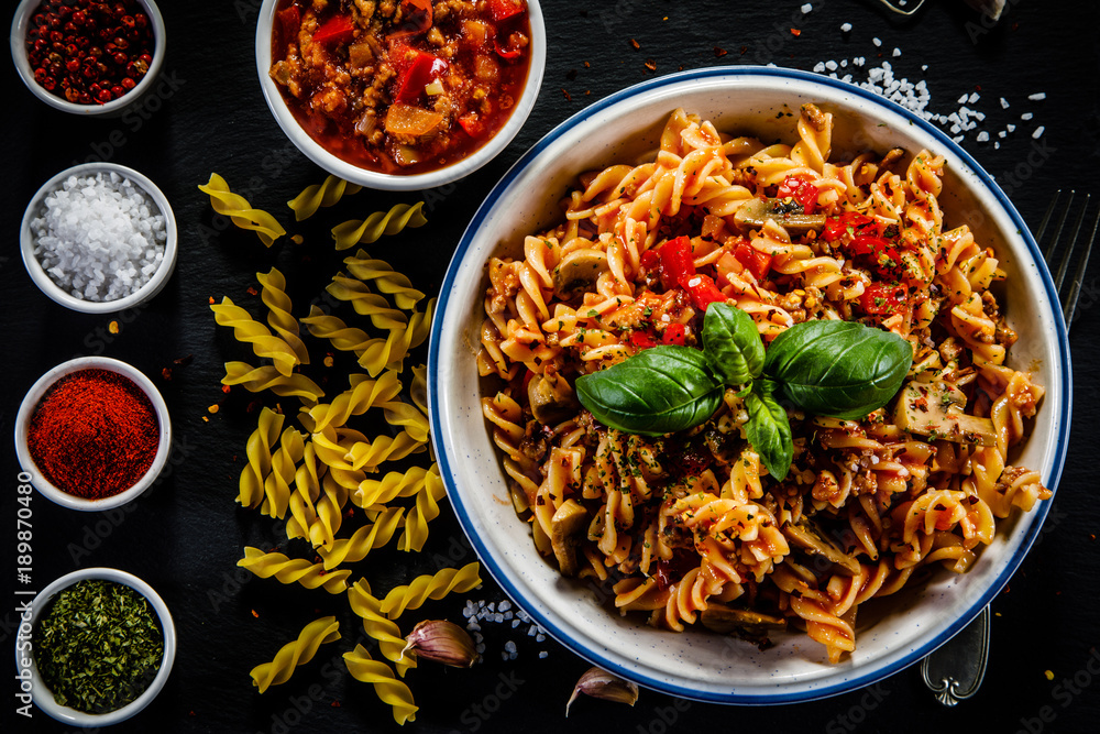 Pasta with meat, tomato sauce and vegetables Pasta with meat, tomato sauce and vegetables