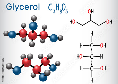Glycerol (glycerine) molecule. Structural chemical formula and molecule model
