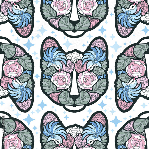 Seamless Vector Cat Pattern in abstract style with hints of blue and pink which can be used as your wallpaper, background, backdrop image, fabric pattern, clothing print, label, craft & other project