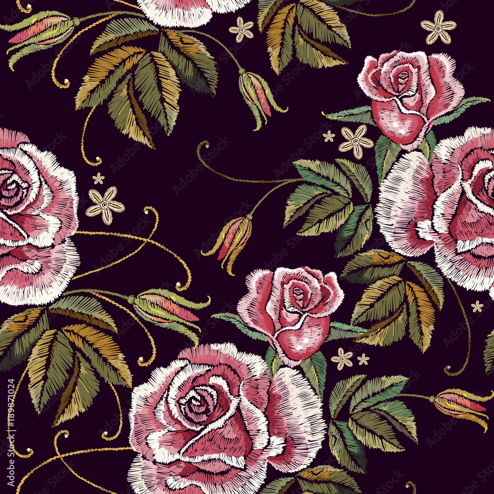 custom made wallpaper toronto digitalEmbroidery roses seamless pattern. Beautiful buds of red roses classical embroidery on black background. Template for clothes, textiles, t-shirt design