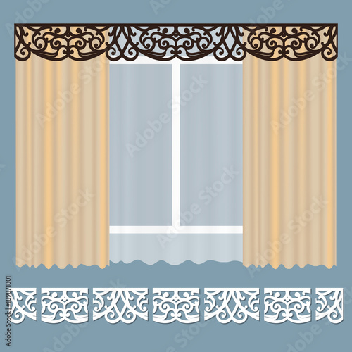 Openwork lambrequin, pattern for laser cutting. Lace border template. Element for decorating curtains, vector illustration. A template for cutting out wood, paper, metal, fabric. photo