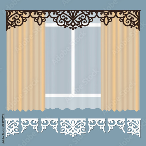 Openwork lambrequin, pattern for laser cutting. Lace border template. Element for decorating curtains, vector illustration. A template for cutting out wood, paper, metal, fabric. photo