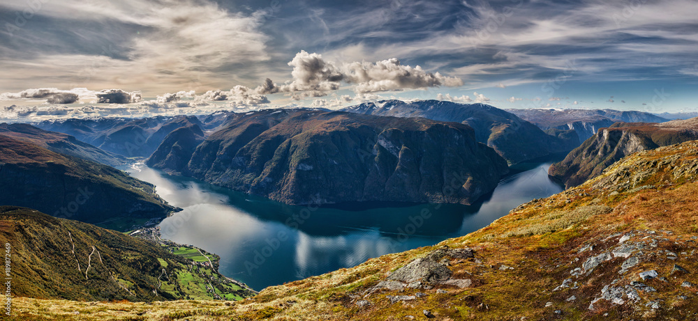 beautiful panorama picture of a norwegian fjord