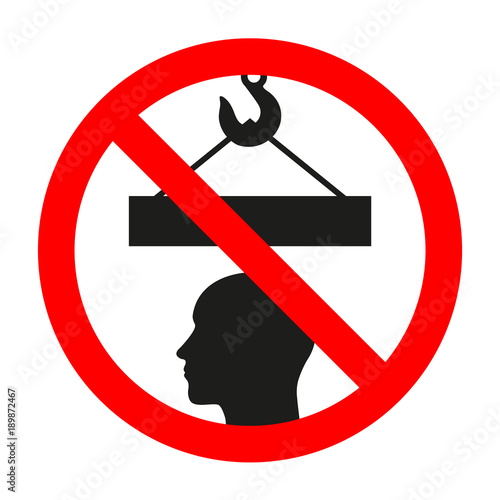Attention construction sign with heavy block on crane hook symbol. Warning or danger precaution vector isolated icon or label