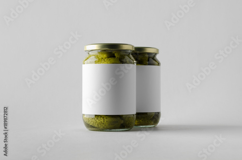 Pickled Cucumber Jar Mock-Up - Two Jars. Blank Label. photo