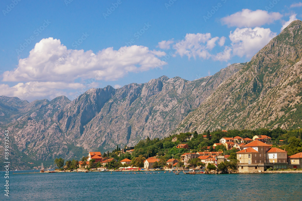 Beautiful Mediterranean landscape on a sunny summer day. Montenegro, Bay of Kotor and Dobrota town