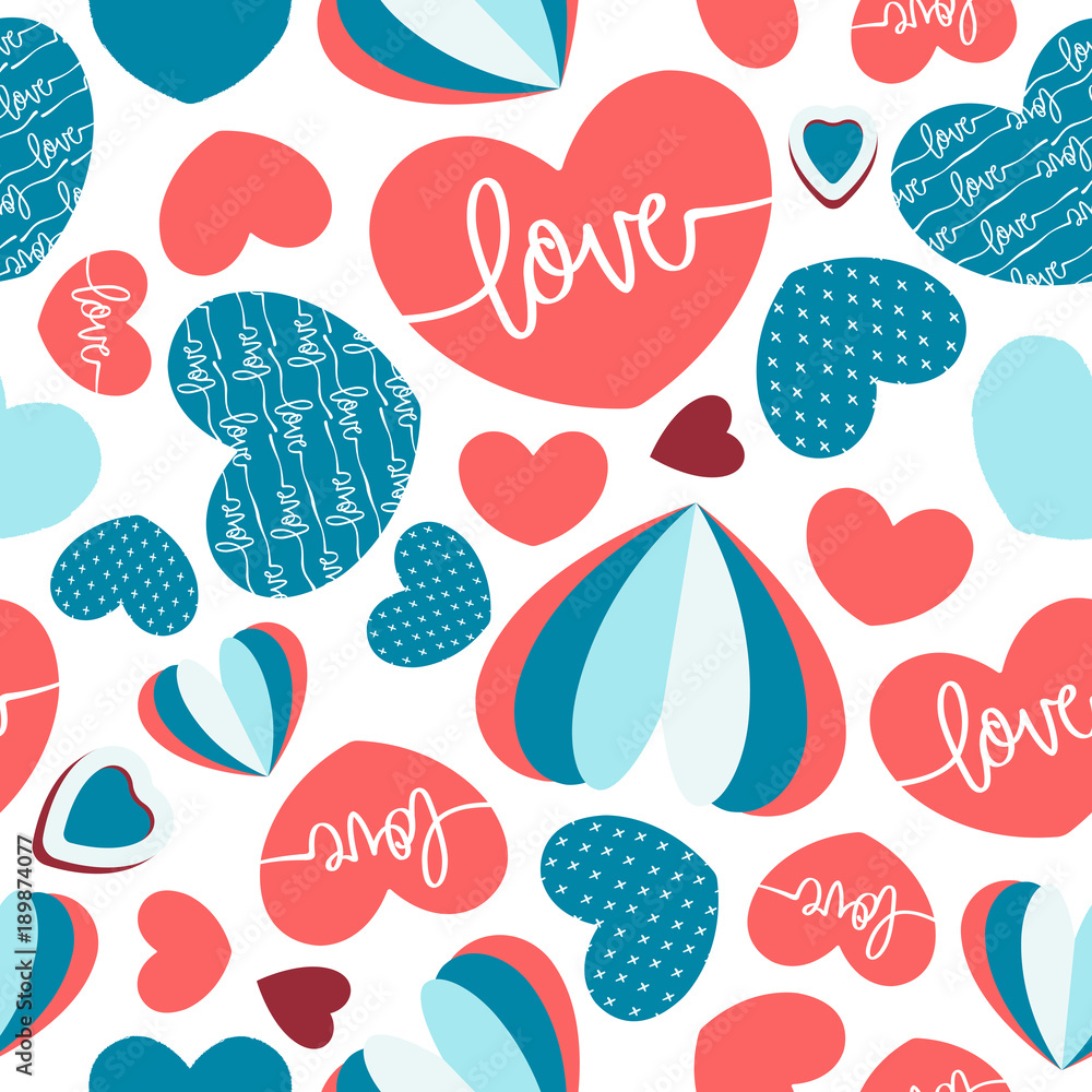 Seamless Vector Hearts Pattern with blue & coral shades of ...