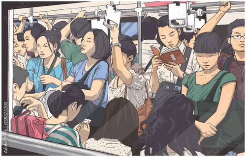 Illustration of crowded metro, subway cart in rush hour