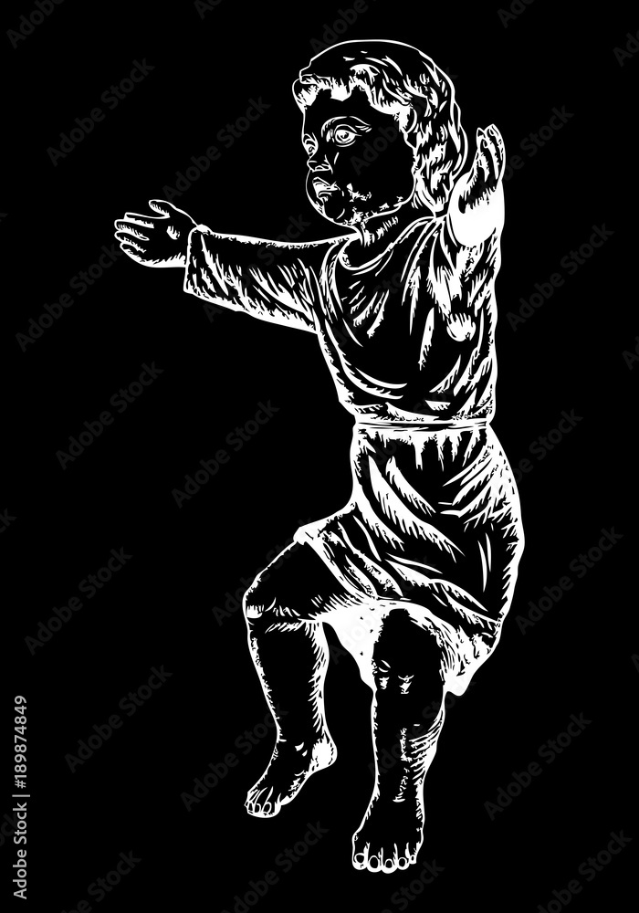 Obraz premium Sun of God. Baby Jesus Christ. Raise or Birth of Jesus. Hand drawn illustration. Blackwork adult flesh tattoo concept. Christmas holiday template. Vector.