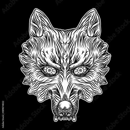 Head of the wolf in blackwork adult tattoo flash line style and poster, print, t-shirt concept design. Vector.