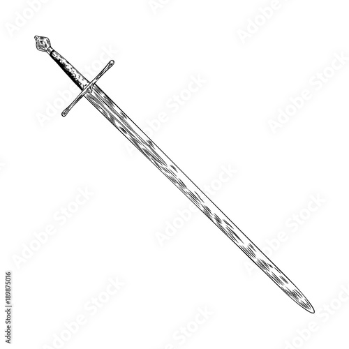 Medieval cold weapon. Warrior weapons sword. Hand drawn antique engraving weapon illustration. Vector.