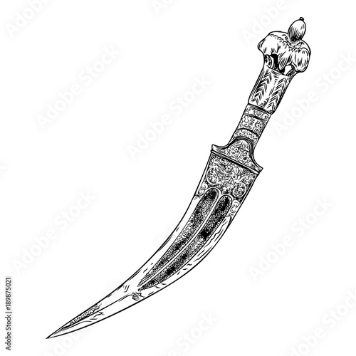 Black work tattoo art hand drawn engraving style medieval knife, dagger for flesh body art. Vintage sketch edged antique weapon. Vector.