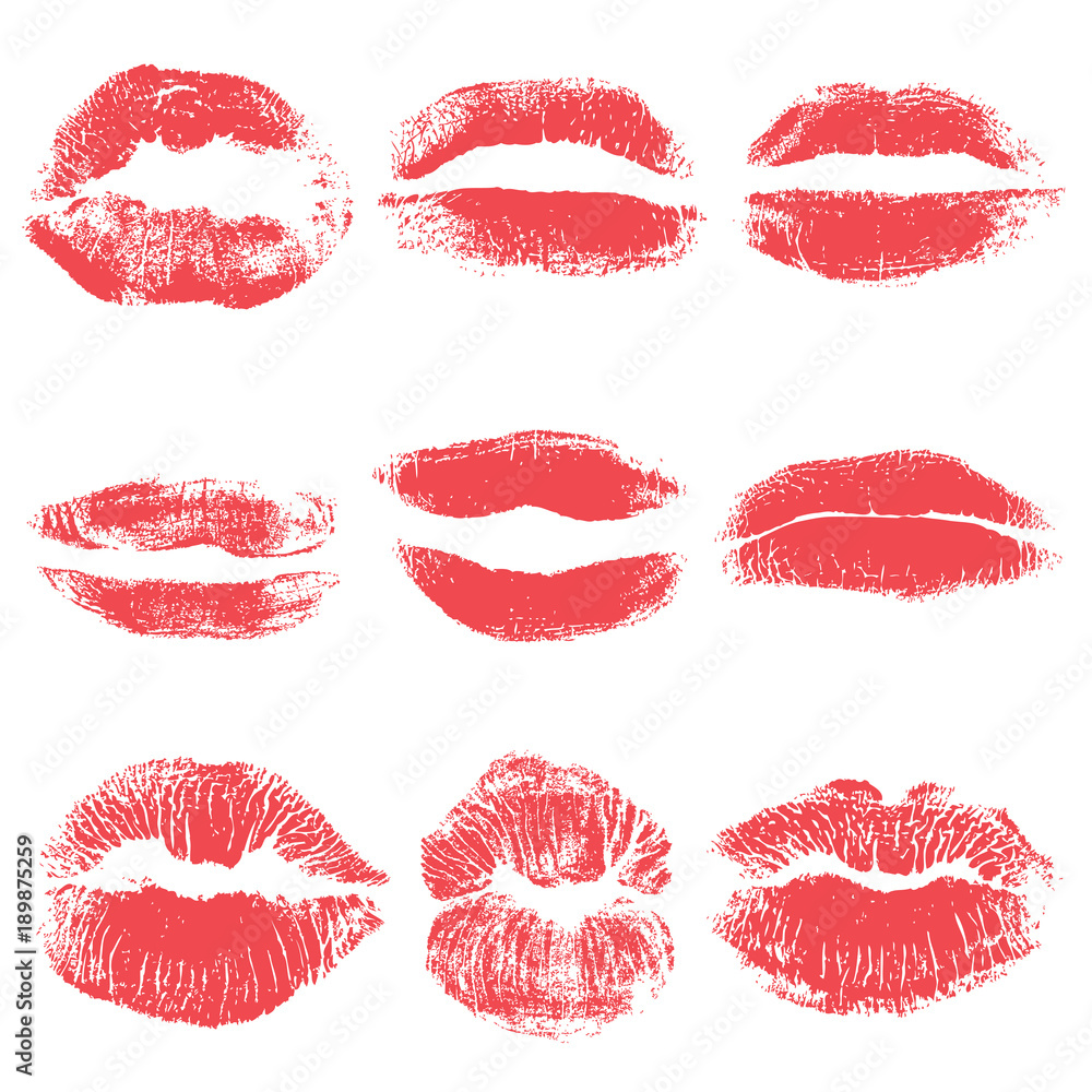 Set of or shaped women kiss print. Valentines or mother's day design element. 8 March Women's Day love, sex, Girl kisses lips stain isolated on background. Vector. Stock
