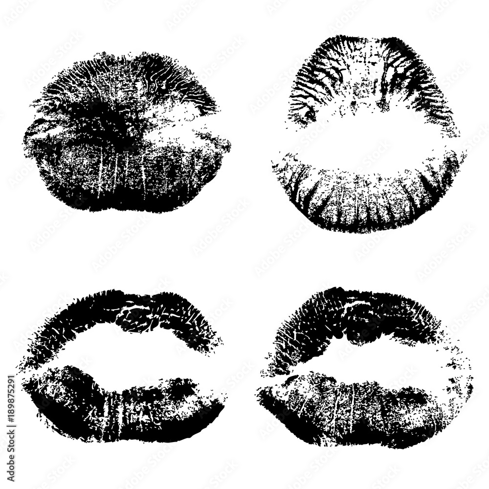 Female kiss shape lips illustration set. Woman sexy mouth stain isolated on white background. Handmade facial expression and black lipstick. Vector. Female kiss shape lips illustration set. Woman sexy mouth stain isolated on white background. Handmade facial expression and black lipstick. Vector.
