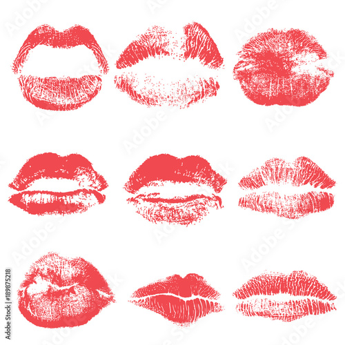 Female kiss shape lips illustration set. Woman sexy mouth stain isolated on white background. Handmade facial expression and red lipstick. Vector.