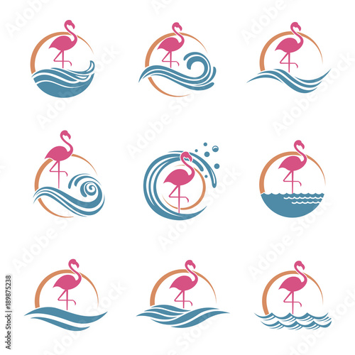 collection of pink flamingo emblems with sun and waves