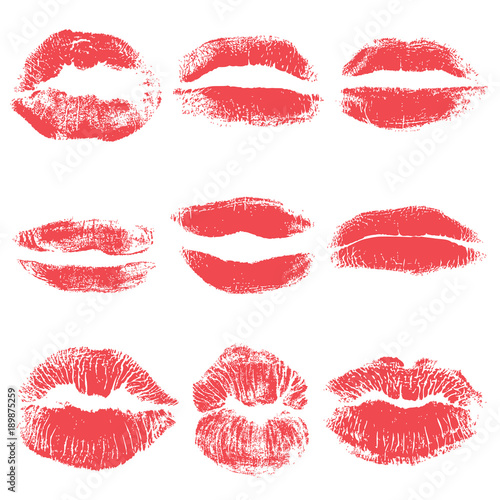 Set of lips or lip shaped women kiss print. Valentines or mother s day design element. 8 March Women s Day or love  sex  symbols. Girl kisses lips stain isolated on background. Vector.