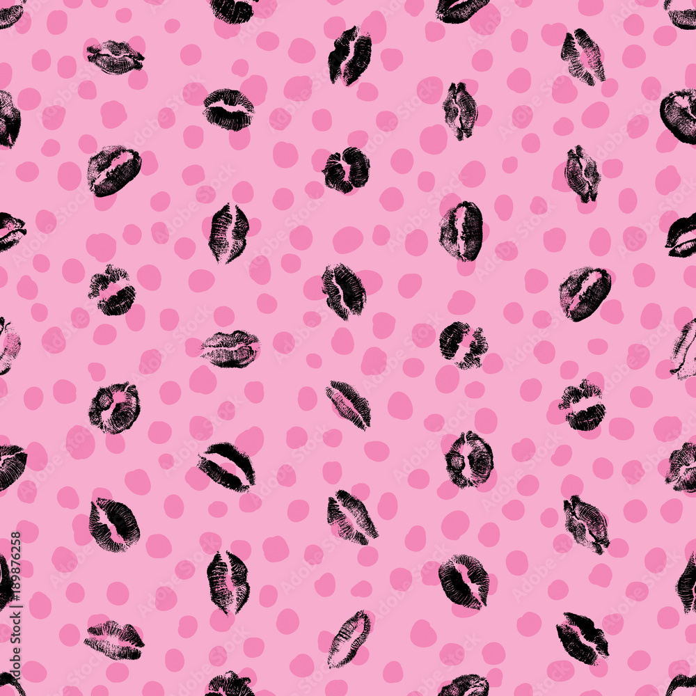 Red pink black lips seamless pattern on pop up grunge brush background. Girls lips prints stain. Vector. Red pink black lips seamless pattern on pop up grunge brush background. Girls lips prints stain. Vector.