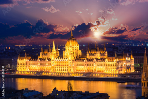 Beautiful night scene over the famous building of the Parliament in Budapest, Hungary
