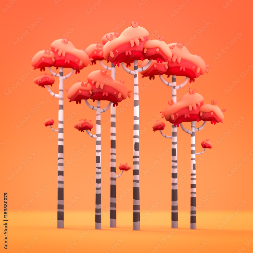Obraz premium Background of autumn birches for greeting card. Cartoon sweet candy birches postcard. Fantasy birch tree for game design. 3d rendering.