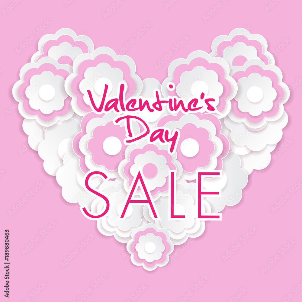 Valentine's day sale background with white paper cut flower, vector illustration template, banners, Wallpaper, invitation, posters, brochure, voucher discount