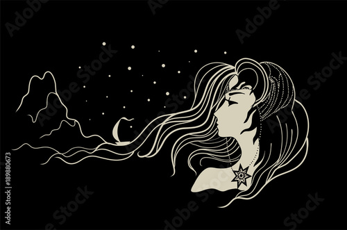 Blessing. Water Goddess with long hair