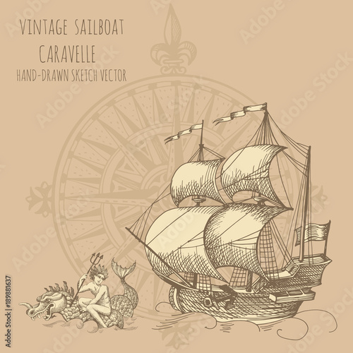 Old caravel, vintage sailboat. Hand drawn vector sketch.