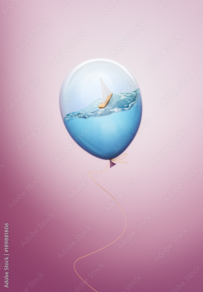 Water inside balloon with sailing small boat creative concept. Minimal flying balloon idea with sailboat on red background