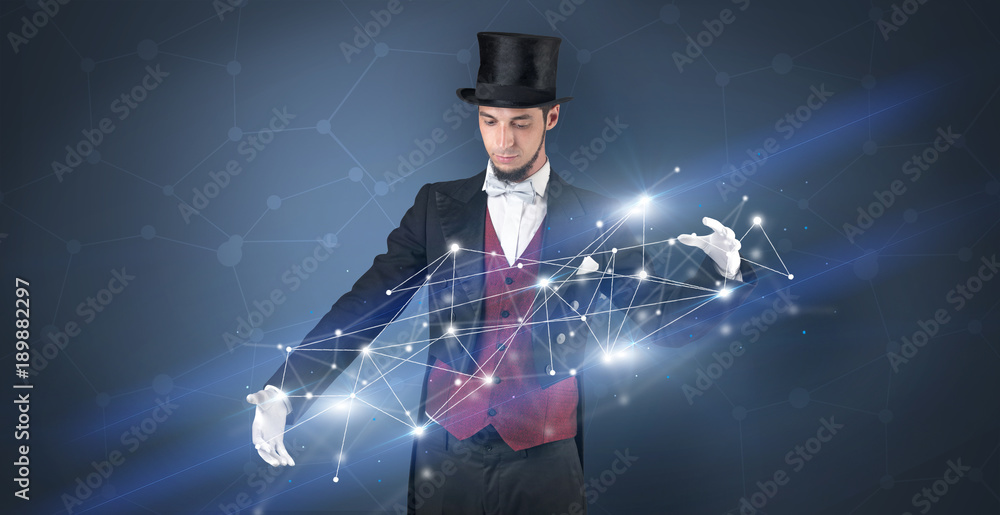 Magician with geometrical connection on his hand Magician with geometrical connection on his hand