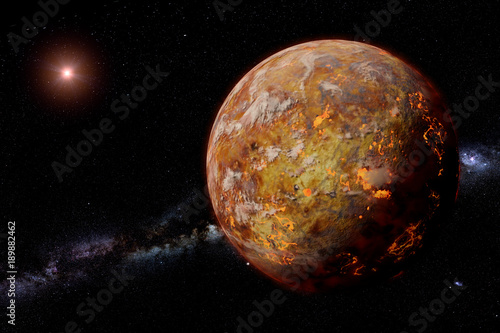 Fototapeta Naklejka Na Ścianę i Meble -  alien lava planet with moons lit by a bright star and the Milky Way galaxy 