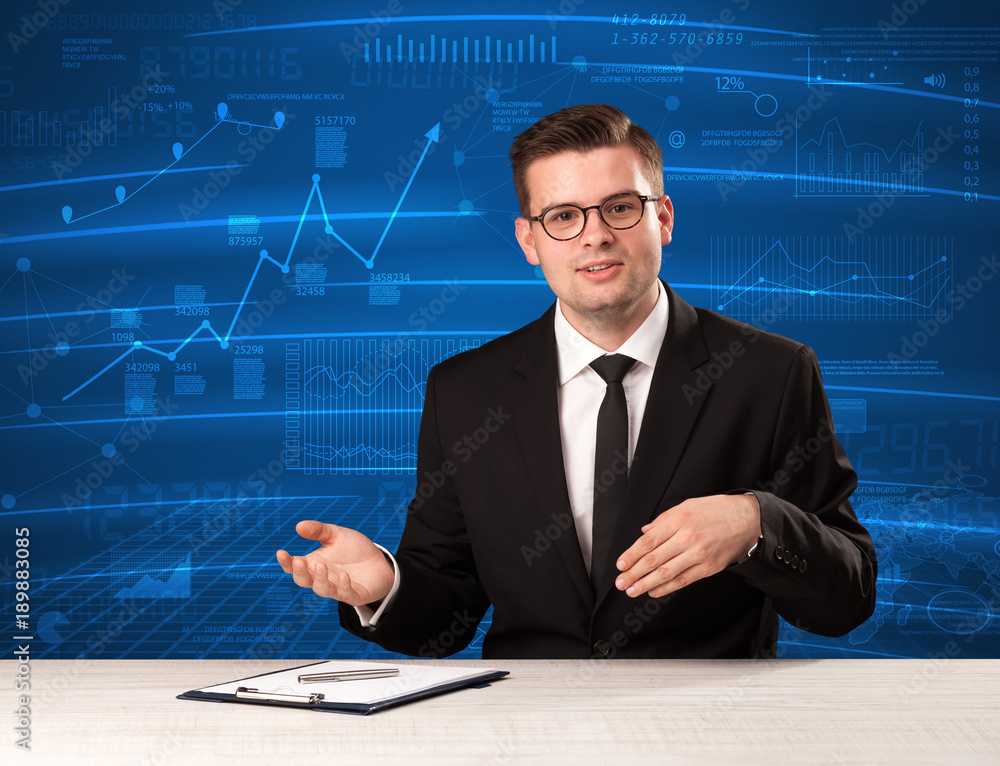Stock data analyst in studio giving adivce on blue chart background Stock data analyst in studio giving adivce on blue chart background