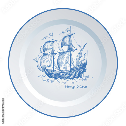 Old caravel. Ship on the Blue Dutch tile. Imitation. Frigate, vintage sailboat, Sailing vessel , glazed porcelain ceramic.