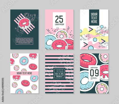 Abstract Memphis Style Posters Template Set. Vintage Hipster Fashion 80s-90s Backgrounds with Donuts for Banners, Ad, Cover. Vector illustration