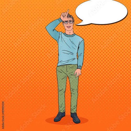 Pop Art Smiling Man Showing Loser Sign on Forehead. Negative Human Emotion Facial Expression. Vector illustration