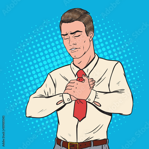 Pop Art Sick Man with Chest Pain. Heart Attack Unhealthy Feeling. Vector illustration