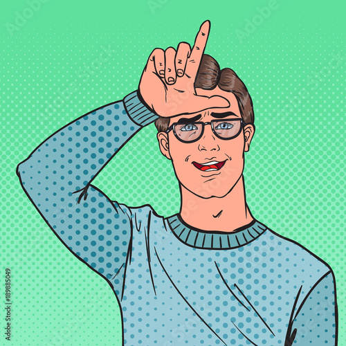 Pop Art Portrait of Man Showing Loser Sign on Forehead. Negative Human Emotion Facial Expression. Vector illustration photo